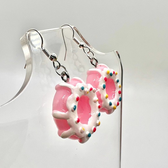 Sprinkle Donut Earrings - Strawberry Icing Donut Accessories - Food Earrings - Picture 2 of 9